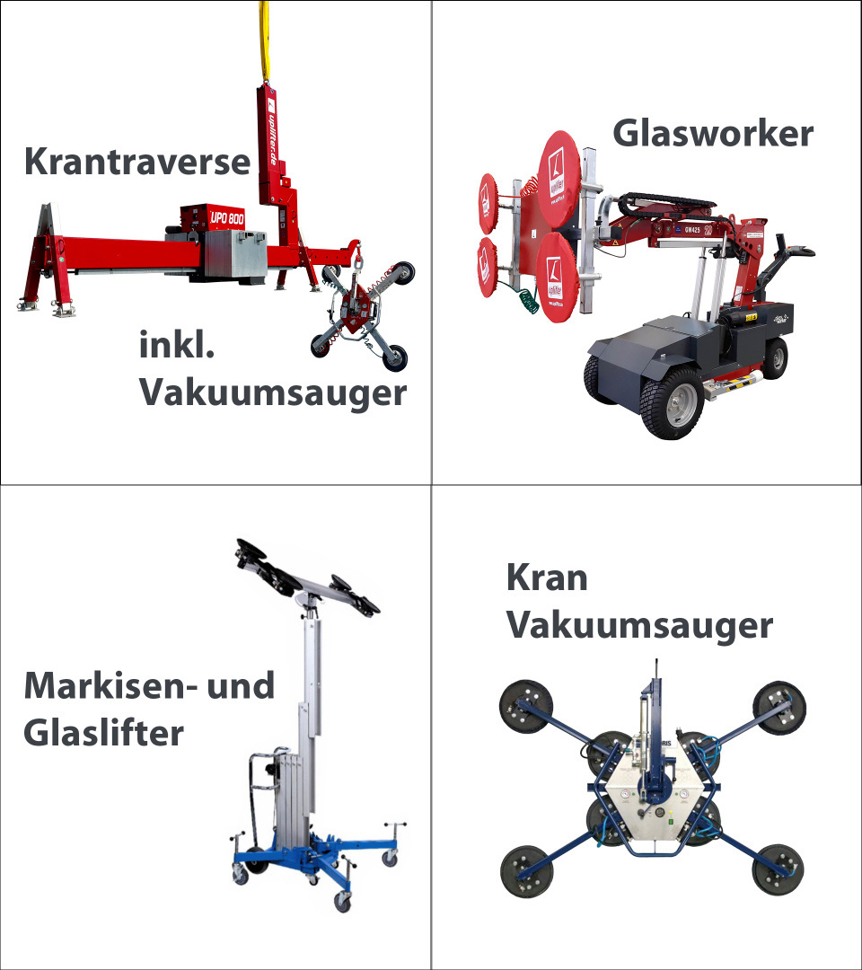 Mietpark-Übersicht: Krantraverse, Glasworker, Markisen- und Glaslifter, Kran-Vakuumsauger