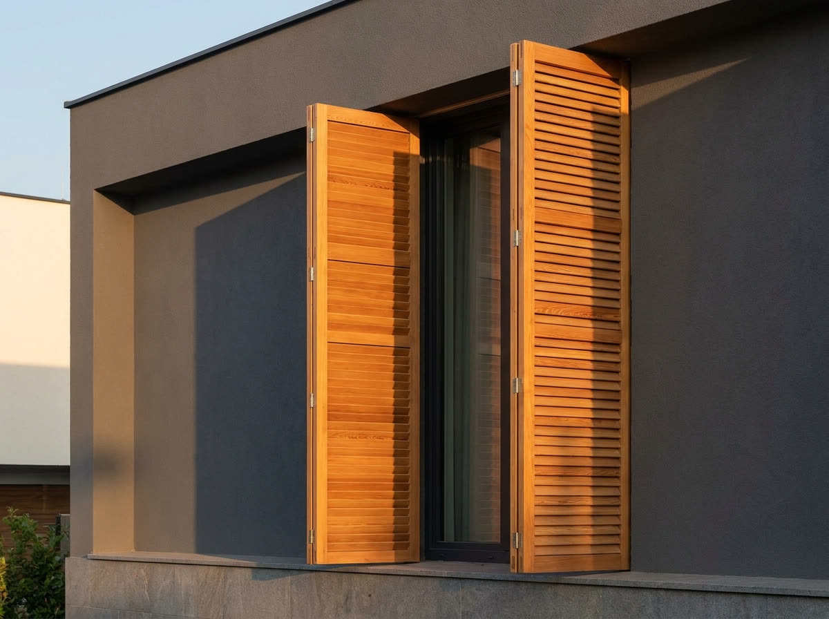 Holz-Fensterläden an moderner Fassade