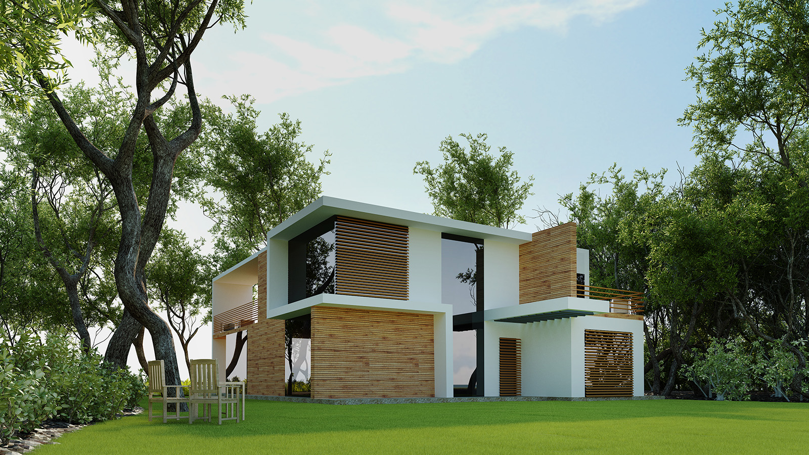 Modernes Haus mit Holzlamellen-Schiebeläden